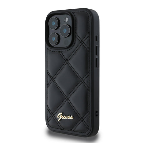 Apple iPhone 16 Pro Max Kılıf Guess Orjinal Lisanslı PU Deri Metal Yazı Logolu Kapitone Kapak