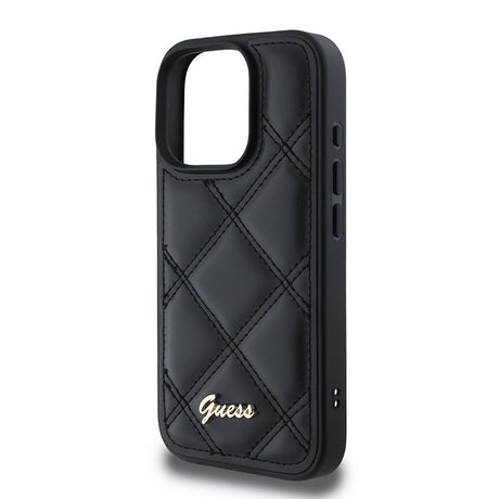 Apple iPhone 16 Pro Max Kılıf Guess Orjinal Lisanslı PU Deri Metal Yazı Logolu Kapitone Kapak