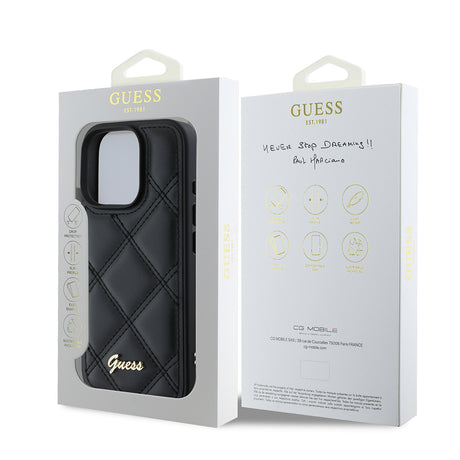 Apple iPhone 16 Pro Max Kılıf Guess Orjinal Lisanslı PU Deri Metal Yazı Logolu Kapitone Kapak