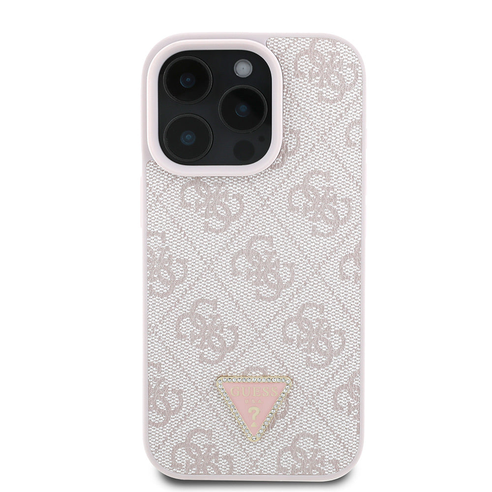 Apple iPhone 16 Pro Max Kılıf Guess Orjinal Lisanslı PU Deri Taşlı Üçgen Logo 4G Desenli Strass Kapak