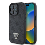 Apple iPhone 16 Pro Max Kılıf Guess Orjinal Lisanslı PU Deri Taşlı Üçgen Logo 4G Desenli Strass Kapak