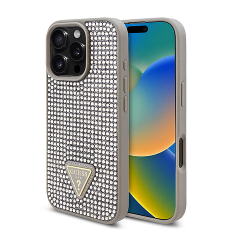 Apple iPhone 16 Pro Max Kılıf Guess Orjinal Lisanslı Taşlı Arka Yüzey Üçgen Logolu Kapak