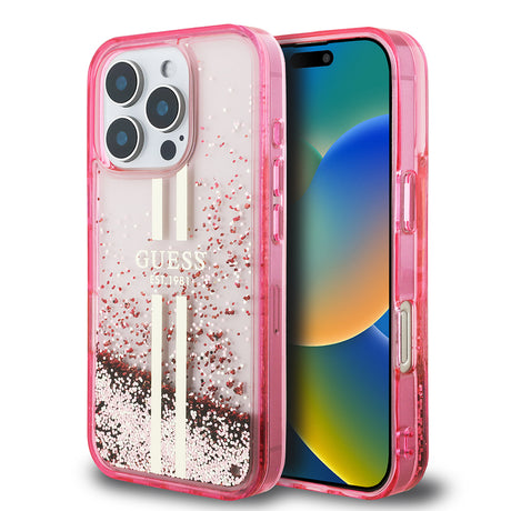 Apple iPhone 16 Pro Max Kılıf Guess Orjinal Lisanslı Transparan Sıvılı Simli Altın Çizgili Kapak
