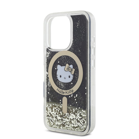 Apple iPhone 16 Pro Max Kılıf Hello Kitty Orjinal Lisanslı M-safe Şarj Özellikli IML Baskı Kitty Head Logolu Sıvılı Simli Altın Ateşi Kapak