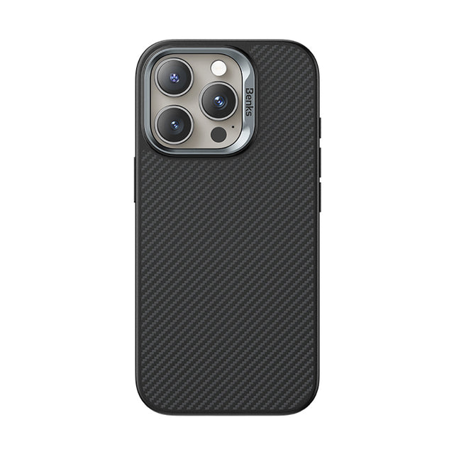 Apple iPhone 16 Pro Max Kılıf Karbon Fiber M-safe Şarj Özellikli Kamera Kontrol Butonlu Benks Hybrid ArmorPro 600D Kevlar Kapak