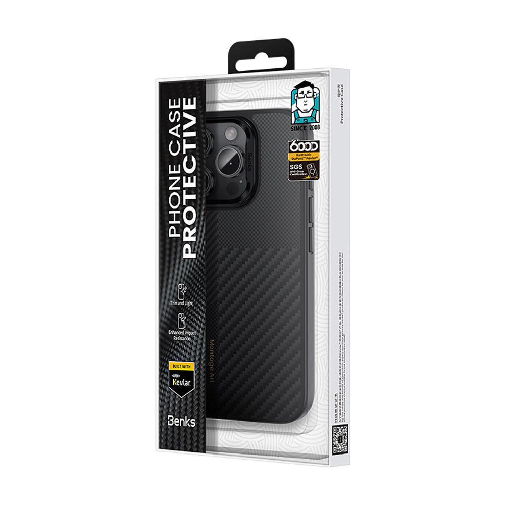Apple iPhone 16 Pro Max Kılıf Karbon Fiber M-safe Şarj Özellikli Kamera Kontrol Butonlu Benks Hybrid ArmorPro Montage Kevlar Kapak