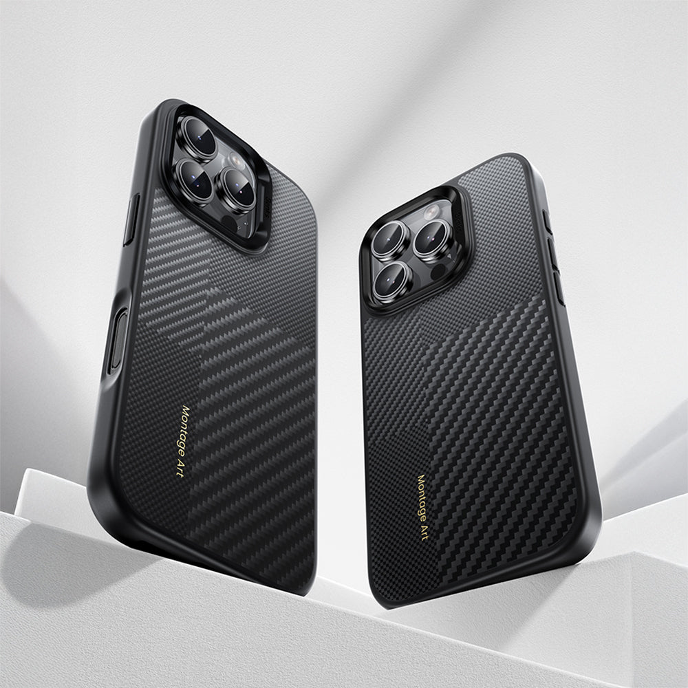 Apple iPhone 16 Pro Max Kılıf Karbon Fiber M-safe Şarj Özellikli Kamera Kontrol Butonlu Benks Hybrid ArmorPro Montage Kevlar Kapak