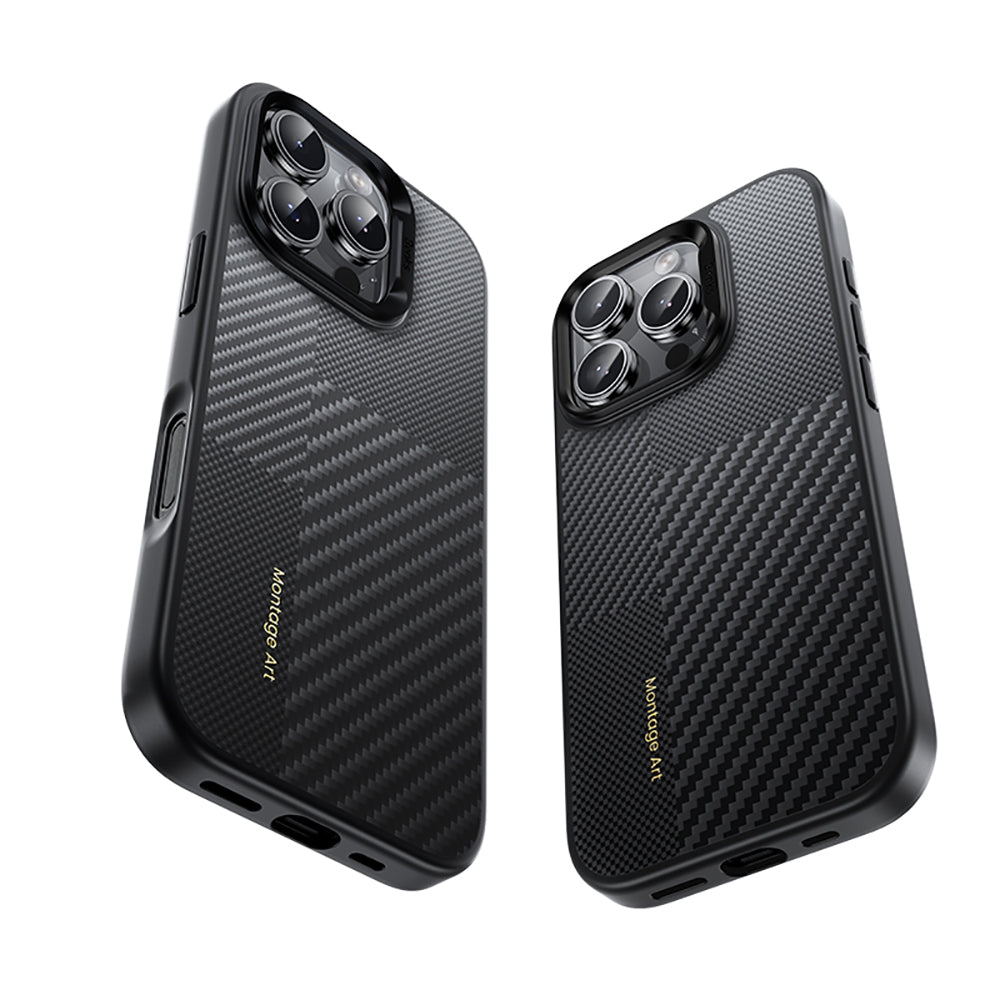 Apple iPhone 16 Pro Max Kılıf Karbon Fiber M-safe Şarj Özellikli Kamera Kontrol Butonlu Benks Hybrid ArmorPro Montage Kevlar Kapak