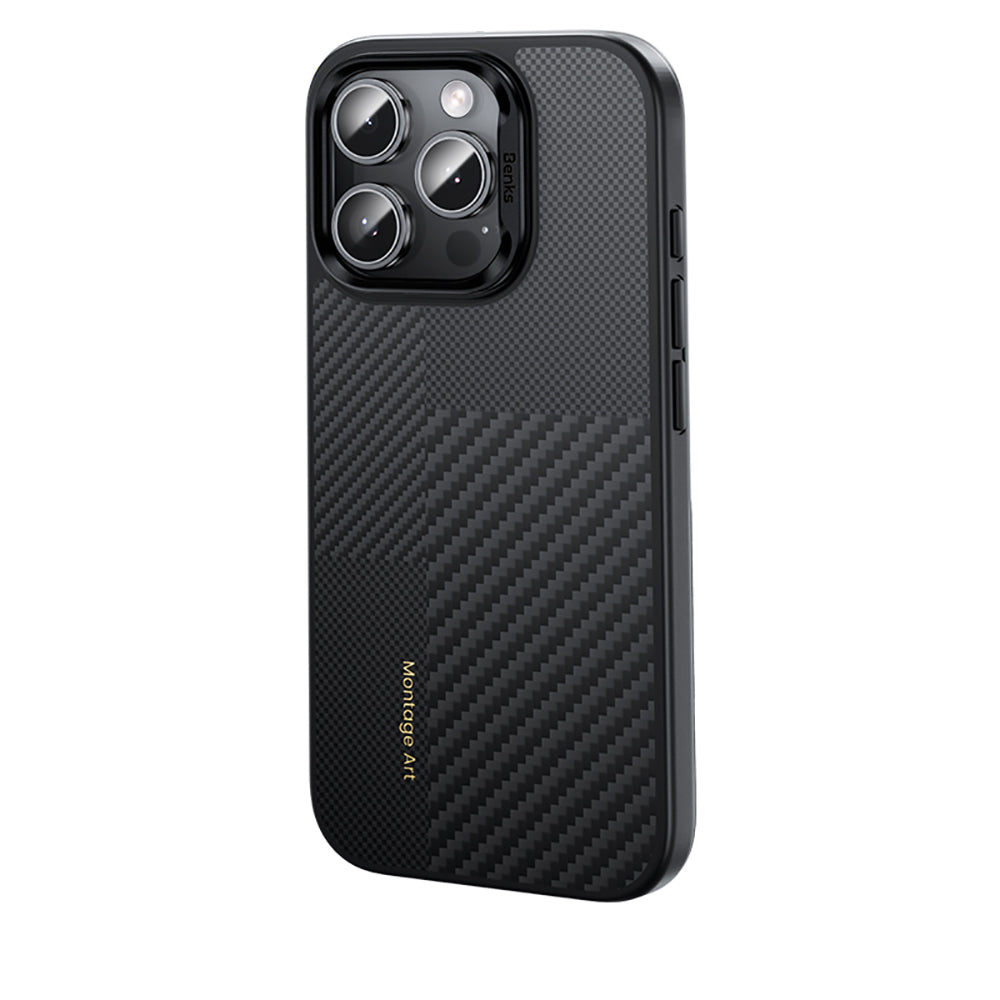 Apple iPhone 16 Pro Max Kılıf Karbon Fiber M-safe Şarj Özellikli Kamera Kontrol Butonlu Benks Hybrid ArmorPro Montage Kevlar Kapak