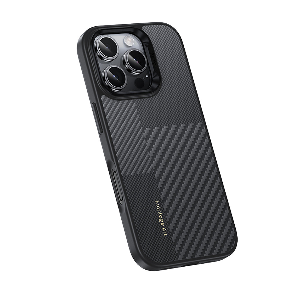 Apple iPhone 16 Pro Max Kılıf Karbon Fiber M-safe Şarj Özellikli Kamera Kontrol Butonlu Benks Hybrid ArmorPro Montage Kevlar Kapak