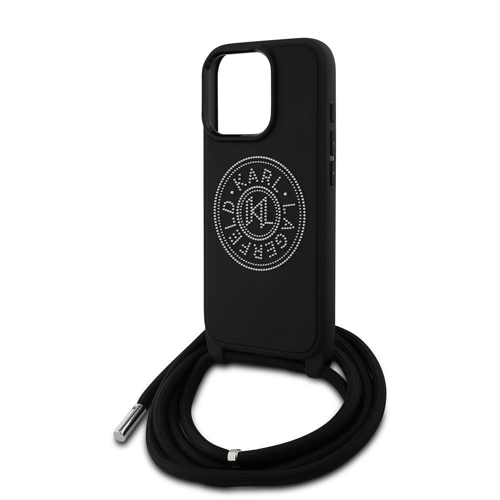 Apple iPhone 16 Pro Max Kılıf Karl Lagerfeld Orjinal Lisanslı Askı İpli Taşlı KL Yazılı Crossbody Cord Kapak