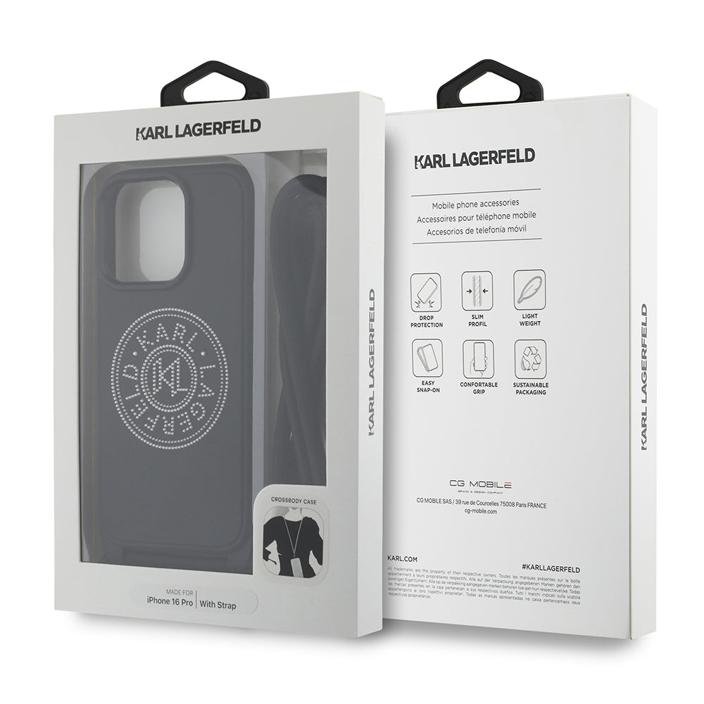 Apple iPhone 16 Pro Max Kılıf Karl Lagerfeld Orjinal Lisanslı Askı İpli Taşlı KL Yazılı Crossbody Cord Kapak