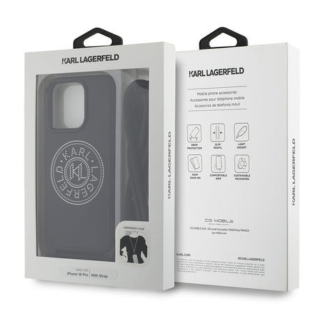 Apple iPhone 16 Pro Max Kılıf Karl Lagerfeld Orjinal Lisanslı Askı İpli Taşlı KL Yazılı Crossbody Cord Kapak