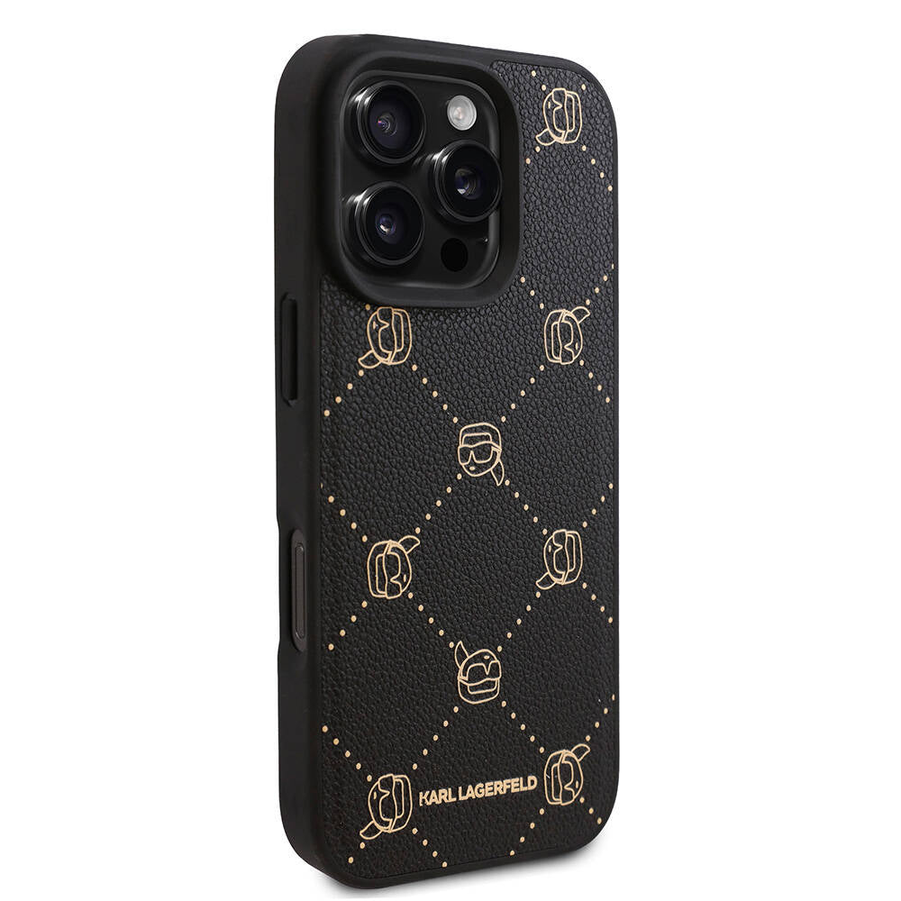 Apple iPhone 16 Pro Max Kılıf Karl Lagerfeld Orjinal Lisanslı M-safe Şarj Özellikli PU Deri Karl Heads Desenli Klasik Logolu Kapak