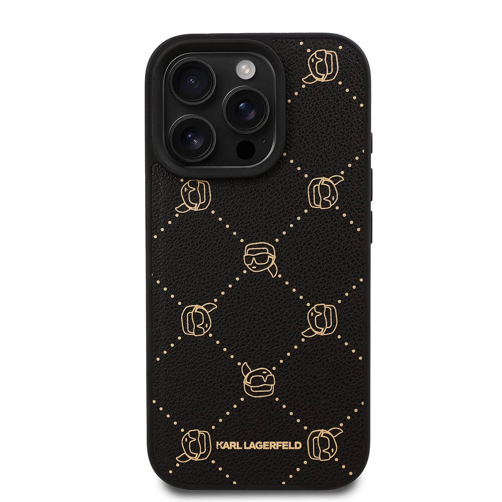 Apple iPhone 16 Pro Max Kılıf Karl Lagerfeld Orjinal Lisanslı M-safe Şarj Özellikli PU Deri Karl Heads Desenli Klasik Logolu Kapak