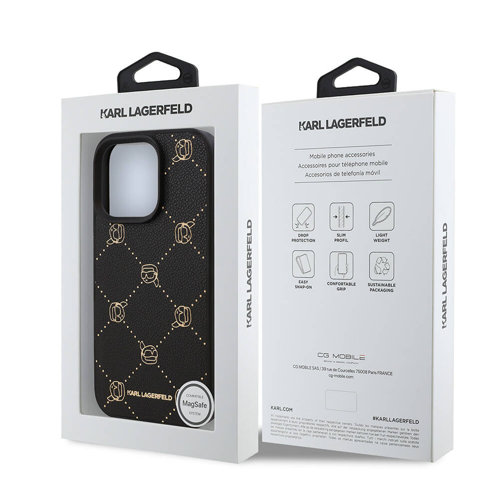 Apple iPhone 16 Pro Max Kılıf Karl Lagerfeld Orjinal Lisanslı M-safe Şarj Özellikli PU Deri Karl Heads Desenli Klasik Logolu Kapak