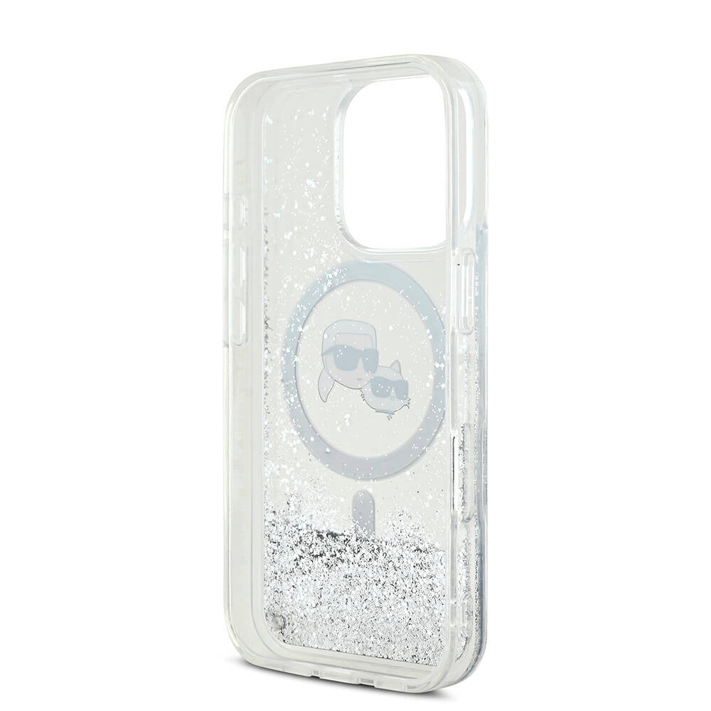 Apple iPhone 16 Pro Max Kılıf Karl Lagerfeld Orjinal Lisanslı M-safe Şarj Özellikli Sıvılı Simli KC Heads Kapak