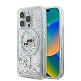 Apple iPhone 16 Pro Max Kılıf Karl Lagerfeld Orjinal Lisanslı M-safe Şarj Özellikli Sıvılı Simli KC Heads Kapak