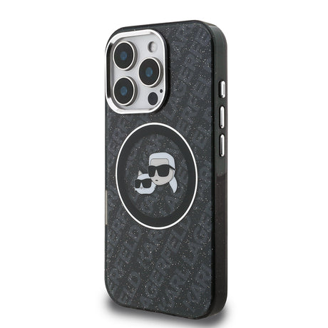 Apple iPhone 16 Pro Max Kılıf Karl Lagerfeld Orjinal Lisanslı Parlayan Simli Karl & Choupette Heads Kapak