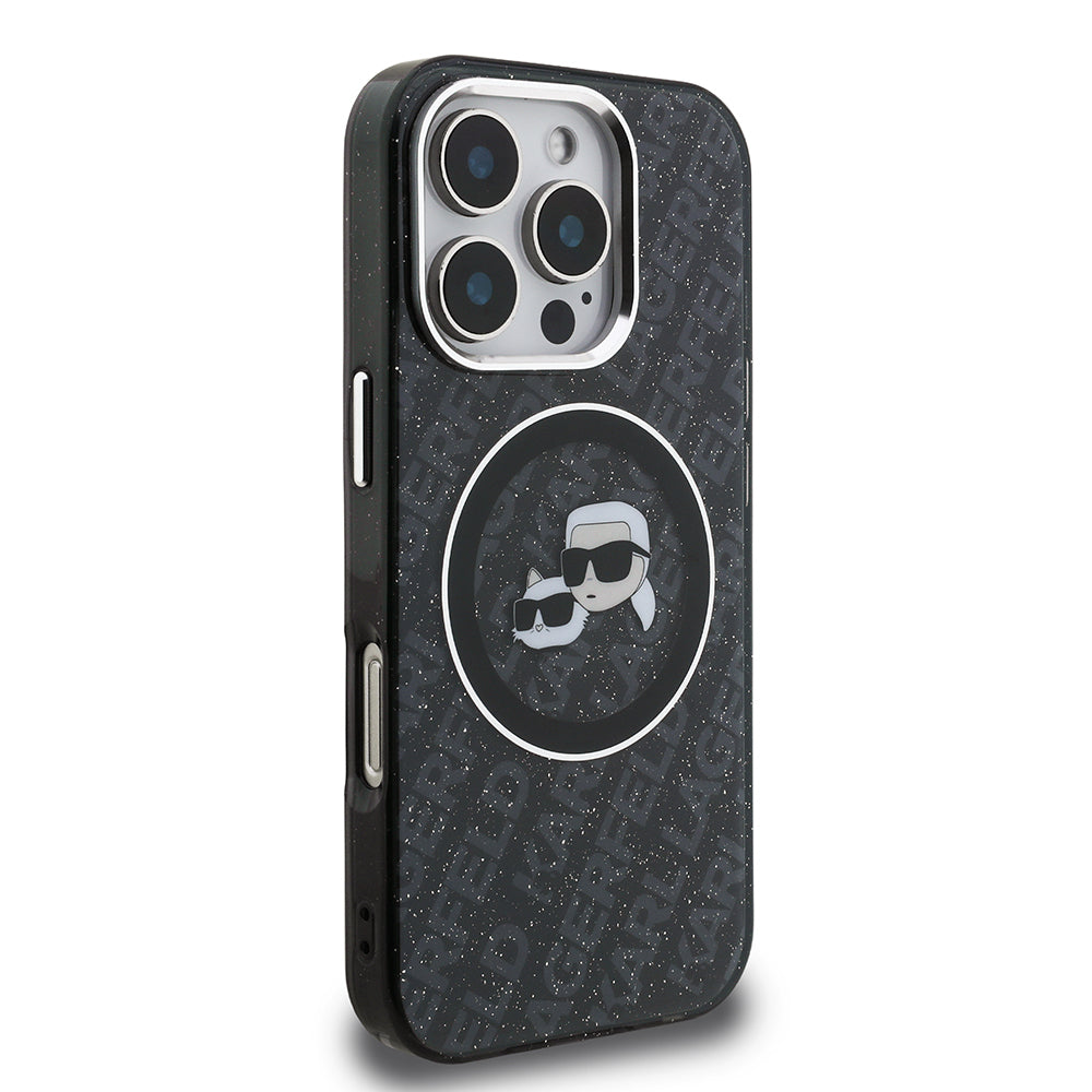 Apple iPhone 16 Pro Max Kılıf Karl Lagerfeld Orjinal Lisanslı Parlayan Simli Karl & Choupette Heads Kapak