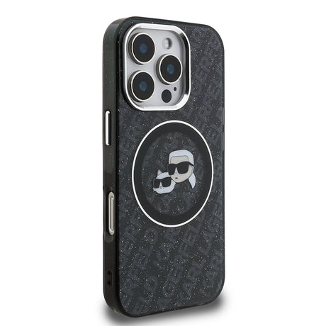Apple iPhone 16 Pro Max Kılıf Karl Lagerfeld Orjinal Lisanslı Parlayan Simli Karl & Choupette Heads Kapak