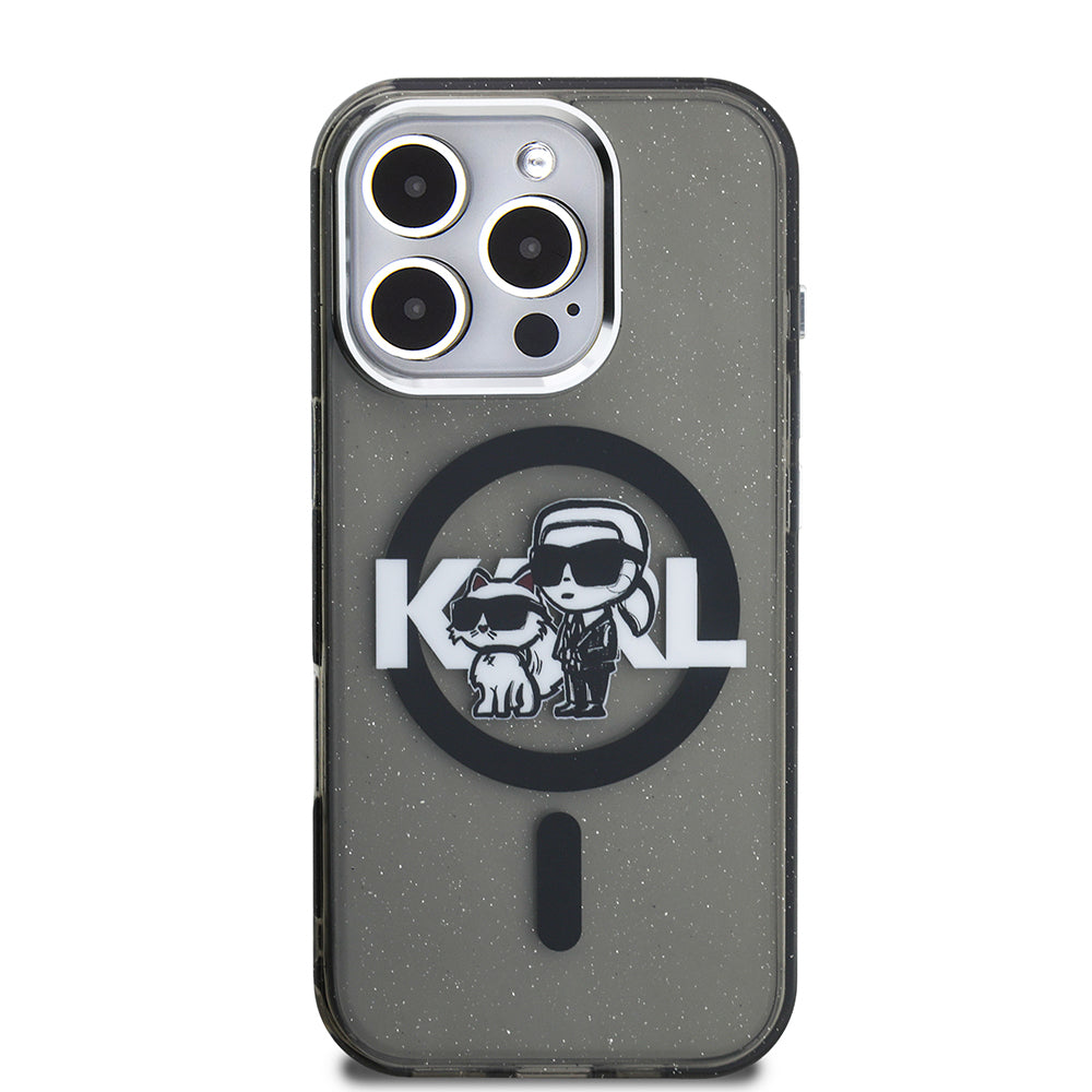Apple iPhone 16 Pro Max Kılıf Karl Lagerfeld Orjinal Lisanslı Parlayan Simli Karl & Choupette Sketch Logo Kapak
