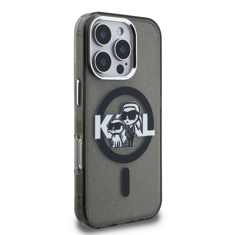 Apple iPhone 16 Pro Max Kılıf Karl Lagerfeld Orjinal Lisanslı Parlayan Simli Karl & Choupette Sketch Logo Kapak