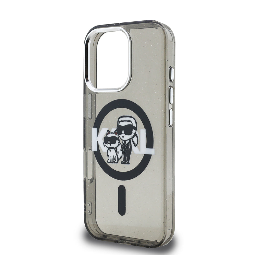 Apple iPhone 16 Pro Max Kılıf Karl Lagerfeld Orjinal Lisanslı Parlayan Simli Karl & Choupette Sketch Logo Kapak