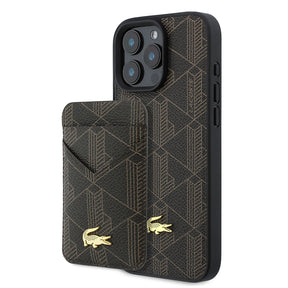 Apple iPhone 16 Pro Max Kılıf Lacoste Orjinal Lisanslı M-safe Şarj Özellikli PU Deri Tasarımlı Kartlıklı Karışık Monogram Desenli Kapak