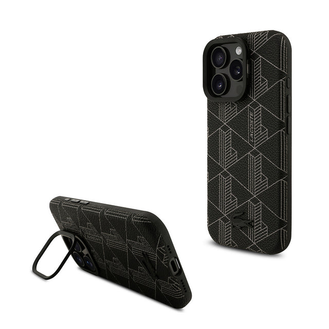 Apple iPhone 16 Pro Max Kılıf Lacoste Orjinal Lisanslı M-safe Şarj Özellikli Standlı PU Deri Karışık Monogram Desenli Kapak