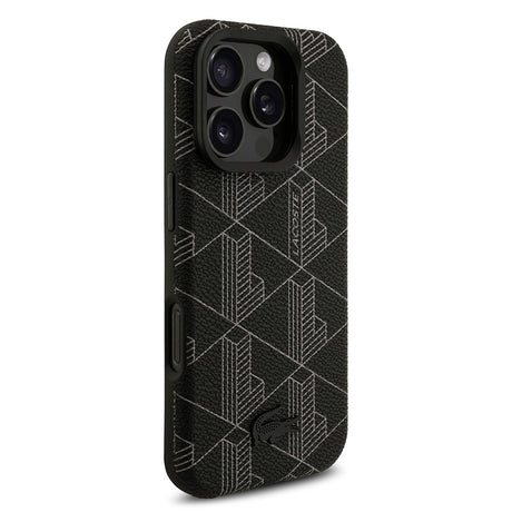 Apple iPhone 16 Pro Max Kılıf Lacoste Orjinal Lisanslı M-safe Şarj Özellikli Standlı PU Deri Karışık Monogram Desenli Kapak
