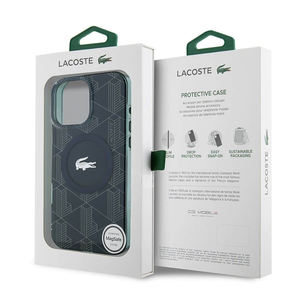 Apple iPhone 16 Pro Max Kılıf Lacoste Orjinal Lisanslı M-safe Şarj Özellikli IML Baskılı Gümüş Timsah Logolu Monogram Kapak
