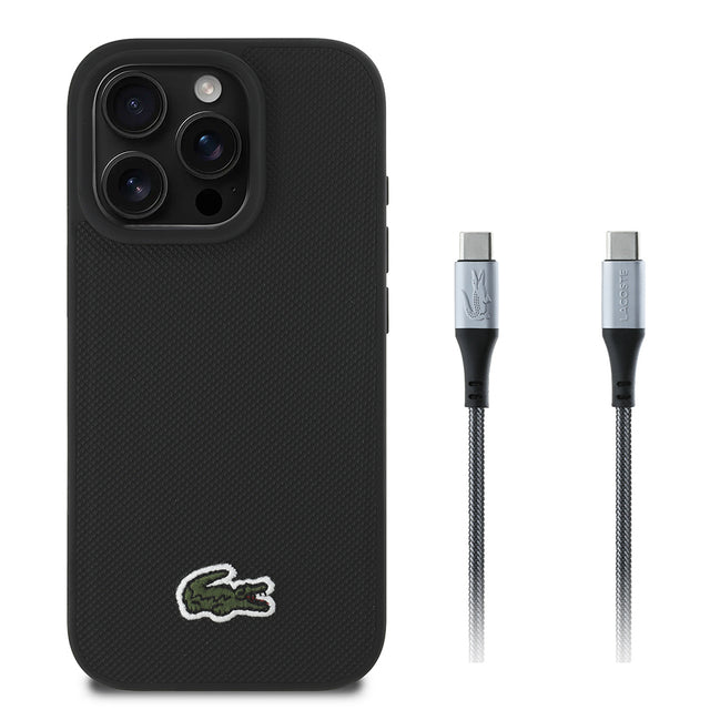 Apple iPhone 16 Pro Max Kılıf Lacoste Orjinal Lisanslı PU Pike Desenli Arka Yüzey İkonik Timsah Dokuma Logolu Kapak + Type-C Kablo 1.5m