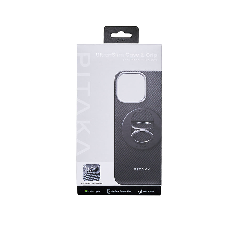 Apple iPhone 16 Pro Max Kılıf M-safe Şarj Özellikli Grip 3 Standlı 600D Aramid Fiber Pitaka Ultra-Slim Classic Serisi Black-Grey Twill Kapak