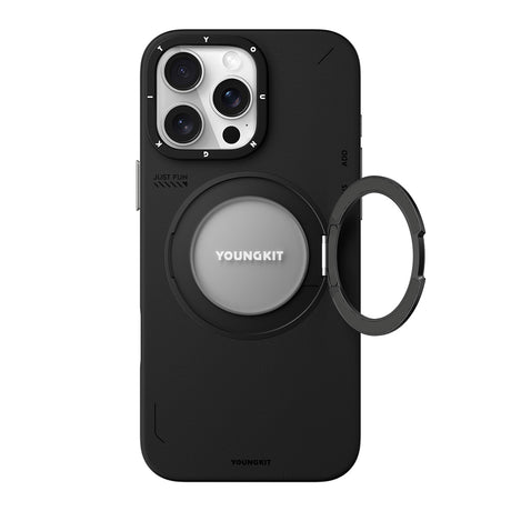 Apple iPhone 16 Pro Max Kılıf M-safe Şarj Özellikli 360° Standlı Basit Mat Deri Desenli Youngkit Tech Leather Serisi Kapak