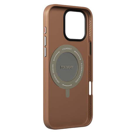Apple iPhone 16 Pro Max Kılıf M-safe Şarj Özellikli 360° Standlı Basit Mat Deri Desenli Youngkit Tech Leather Serisi Kapak