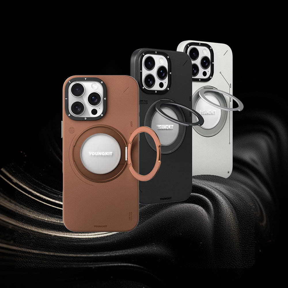 Apple iPhone 16 Pro Max Kılıf M-safe Şarj Özellikli 360° Standlı Basit Mat Deri Desenli Youngkit Tech Leather Serisi Kapak