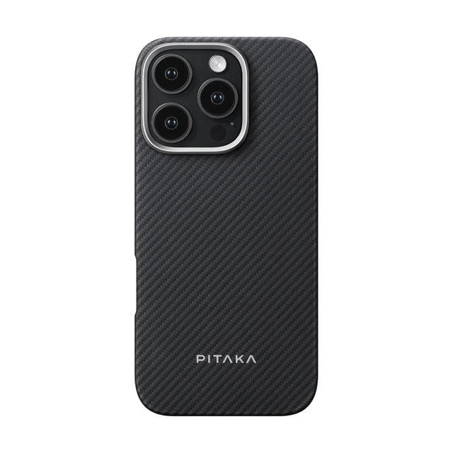 Apple iPhone 16 Pro Max Kılıf M-safe Şarj Özellikli 600D Aramid Fiber Pitaka Ultra-Slim Classic Serisi Black-Grey Twill Kapak