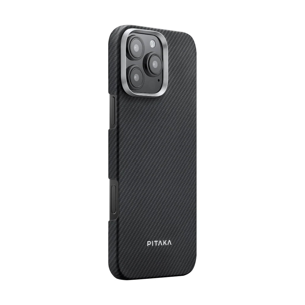 Apple iPhone 16 Pro Max Kılıf M-safe Şarj Özellikli 600D Aramid Fiber Pitaka Ultra-Slim Classic Serisi Black-Grey Twill Kapak