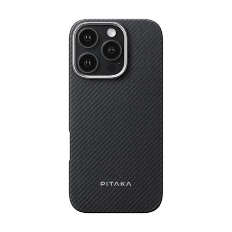 Apple iPhone 16 Pro Max Kılıf M-safe Şarj Özellikli 600D Aramid Fiber Pitaka Ultra-Slim Classic Serisi Black-Grey Twill Kapak