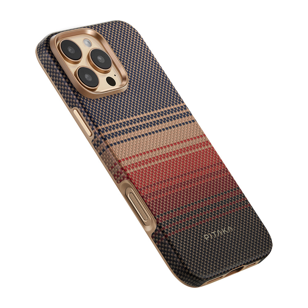 Apple iPhone 16 Pro Max Kılıf M-safe Şarj Özellikli Aramid Fiber Pitaka Military-Grade Sunset-Moonrise Serisi Sunset Kapak