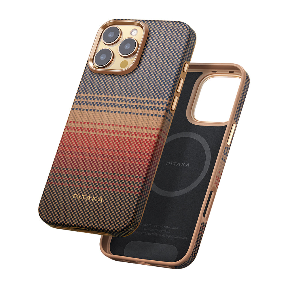 Apple iPhone 16 Pro Max Kılıf M-safe Şarj Özellikli Aramid Fiber Pitaka Military-Grade Sunset-Moonrise Serisi Sunset Kapak
