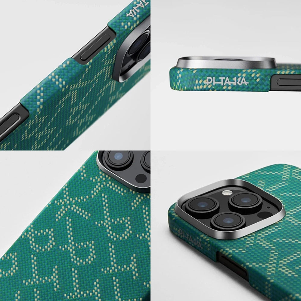 Apple iPhone 16 Pro Max Kılıf M-safe Şarj Özellikli Aramid Fiber Pitaka Tactile Woven Monogram Serisi Kapak