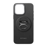 Apple iPhone 16 Pro Max Kılıf M-safe Şarj Özellikli Grip 3 Standlı Aramid Fiber Pitaka Military Grade Classic Serisi Black-Grey Twill Kapak