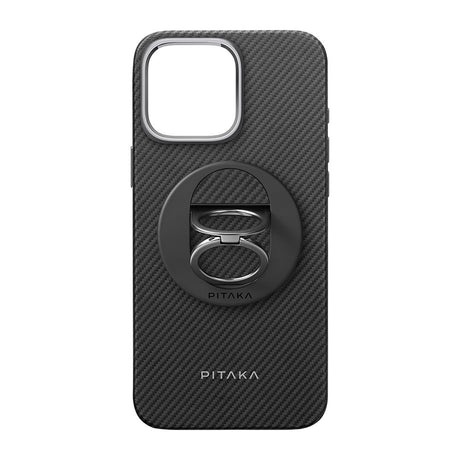 Apple iPhone 16 Pro Max Kılıf M-safe Şarj Özellikli Grip 3 Standlı Aramid Fiber Pitaka Military Grade Classic Serisi Black-Grey Twill Kapak