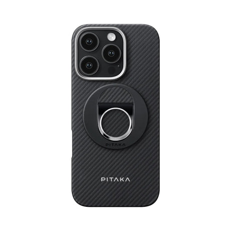 Apple iPhone 16 Pro Max Kılıf M-safe Şarj Özellikli Grip 3 Standlı Aramid Fiber Pitaka Military Grade Classic Serisi Black-Grey Twill Kapak