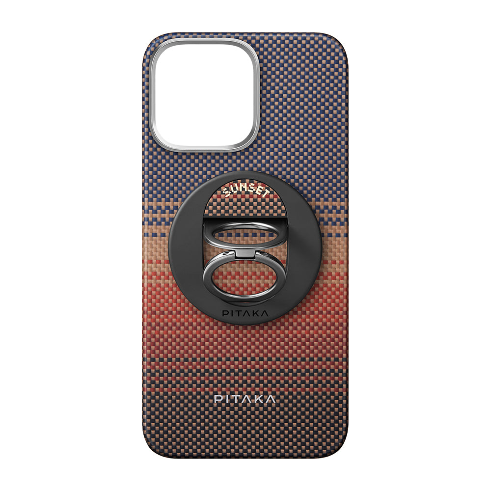 Apple iPhone 16 Pro Max Kılıf M-safe Şarj Özellikli Grip 3 Standlı Aramid Fiber Pitaka Tactile Woven Sunset-Moonrise Serisi Sunset Kapak