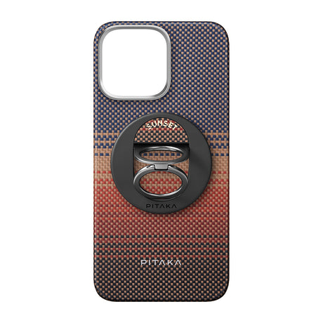 Apple iPhone 16 Pro Max Kılıf M-safe Şarj Özellikli Grip 3 Standlı Aramid Fiber Pitaka Tactile Woven Sunset-Moonrise Serisi Sunset Kapak