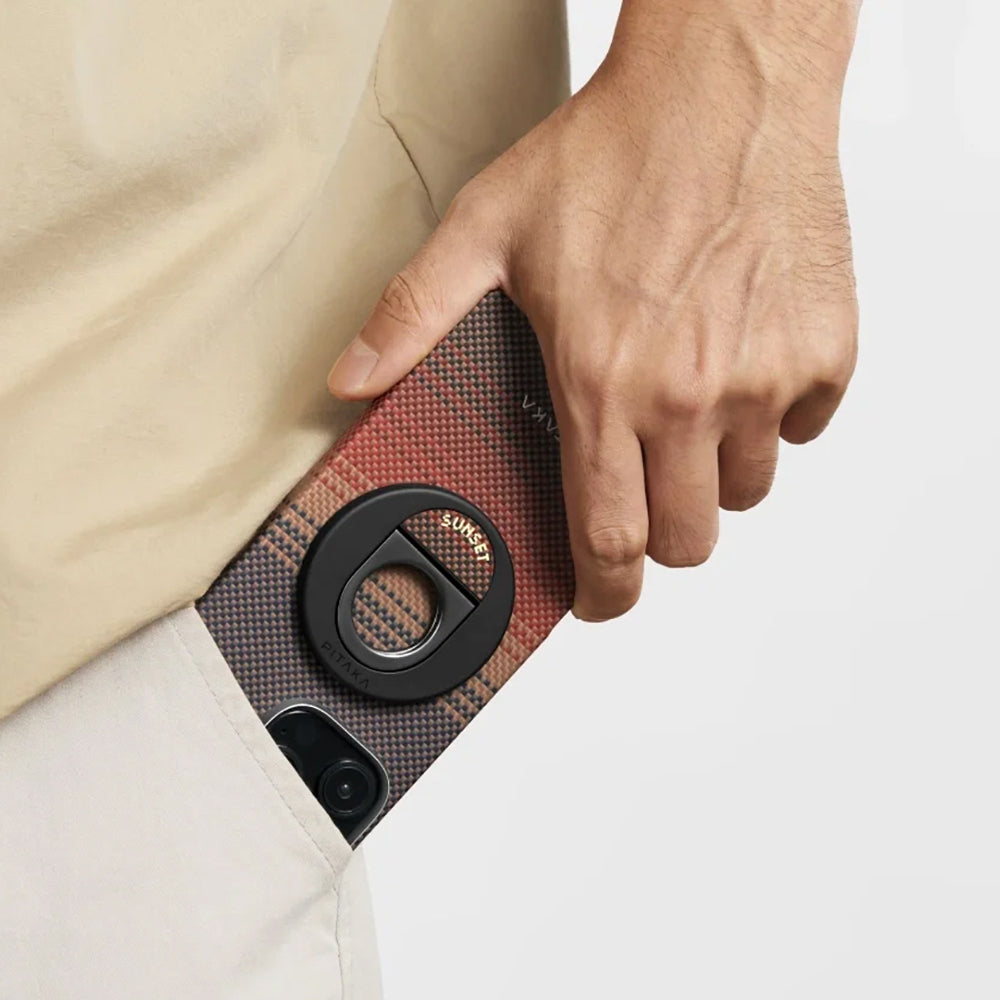 Apple iPhone 16 Pro Max Kılıf M-safe Şarj Özellikli Grip 3 Standlı Aramid Fiber Pitaka Tactile Woven Sunset-Moonrise Serisi Sunset Kapak