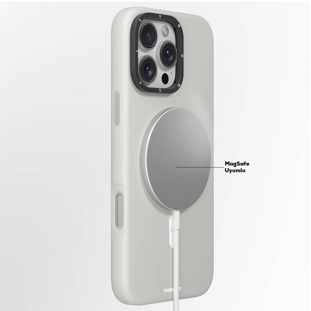 Apple iPhone 16 Pro Max Kılıf M-safe Şarj Özellikli Kamera Standlı Youngkit Bitty Cream Kapak